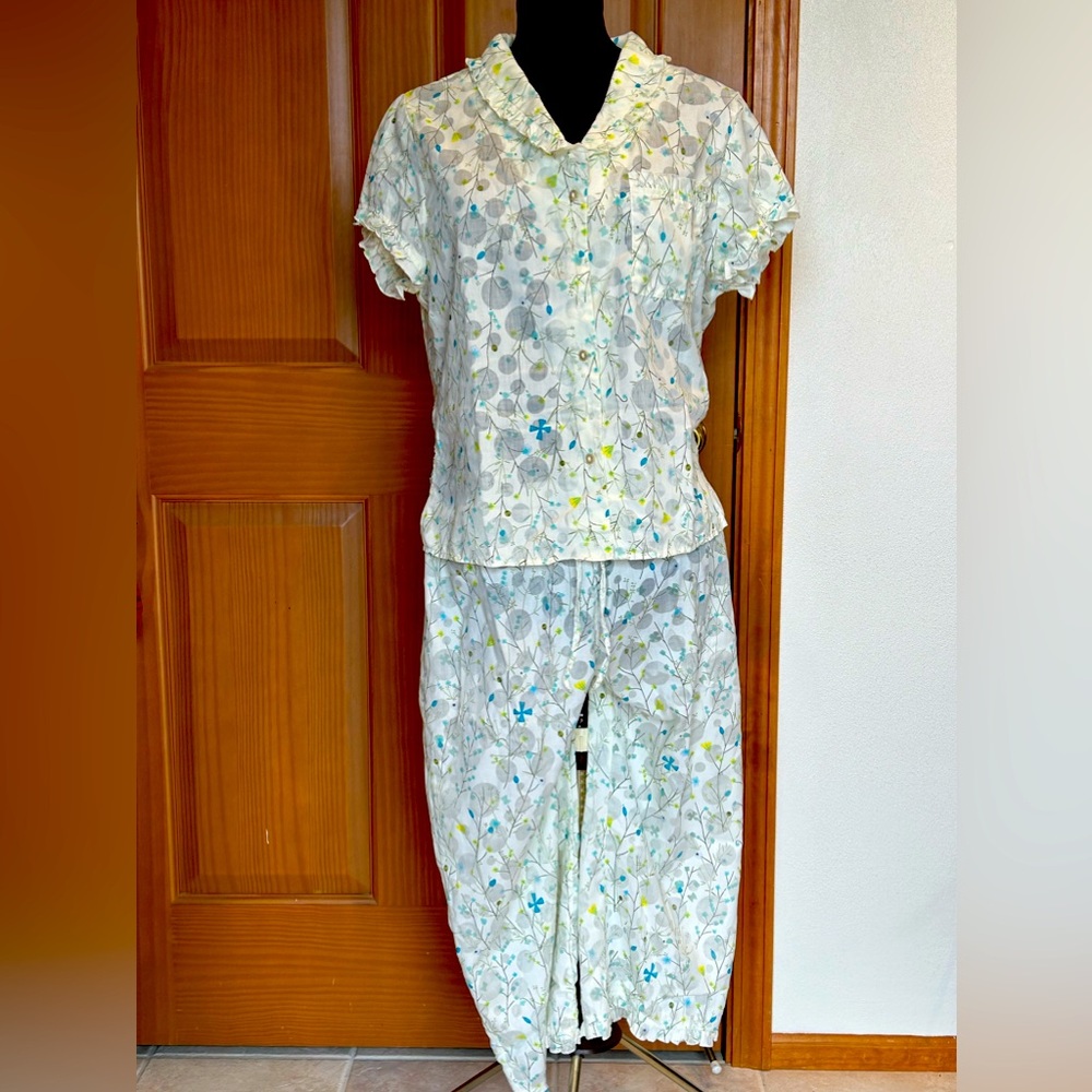 KAY ANNA sS ltwt PJ set Perfect summer PJ’s Celery w/blue & grn floral+Ruffles